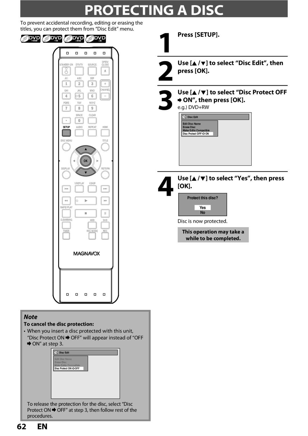 Magnavox MDR513H / F7 owner manual Protecting a Disc, Use K/ L to select Yes, then press OK, ON, then press OK. e.g. DVD+RW 