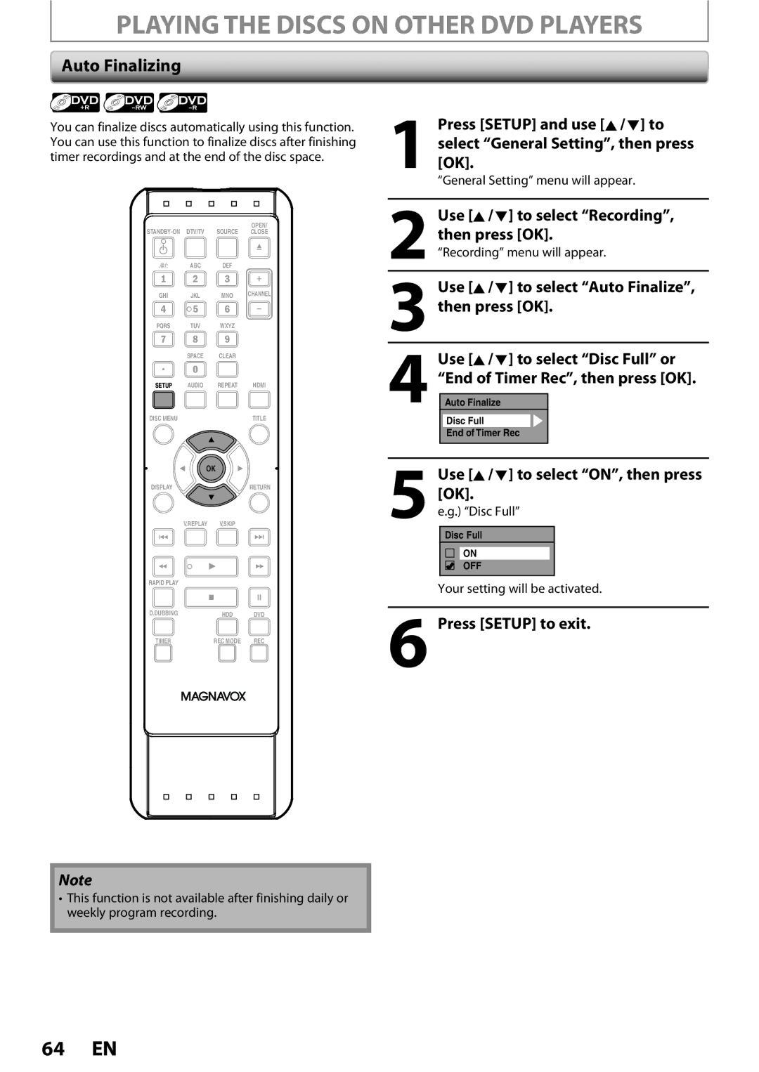 Magnavox MDR513H / F7 owner manual Playing the Discs on Other DVD Players, Auto Finalizing 