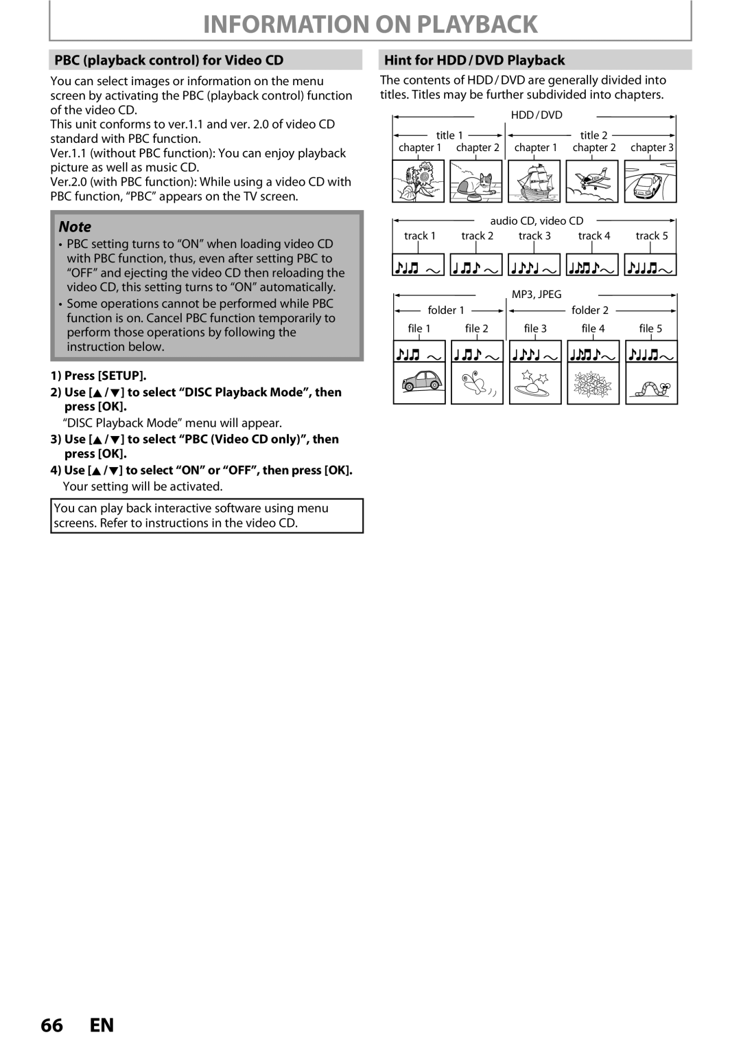 Magnavox MDR513H / F7 owner manual Information on Playback, PBC playback control for Video CD, Hint for HDD / DVD Playback 