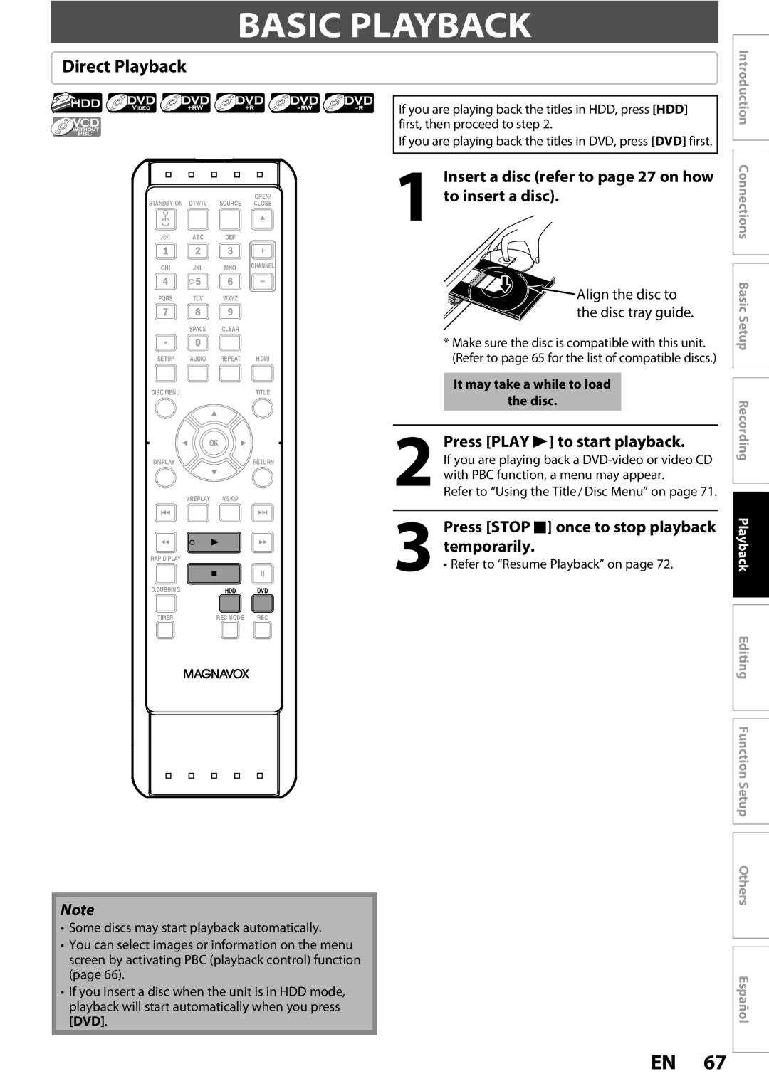 Magnavox MDR513H / F7 owner manual Basic Playback, Direct Playback, Insert a disc refer to page 27 on how to insert a disc 