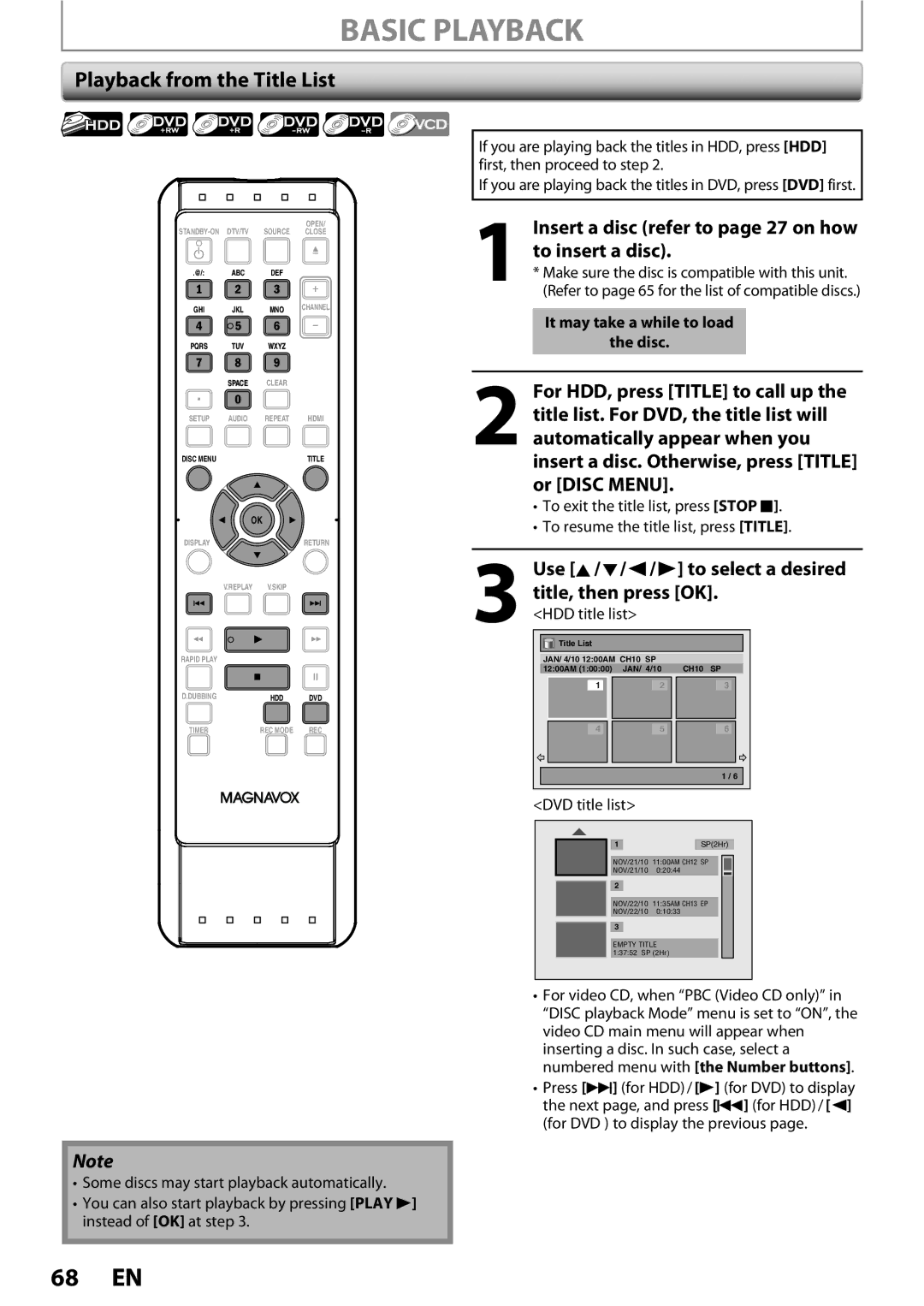 Magnavox MDR513H / F7 Basic Playback, Playback from the Title List, Title, then press OK, HDD title list, DVD title list 