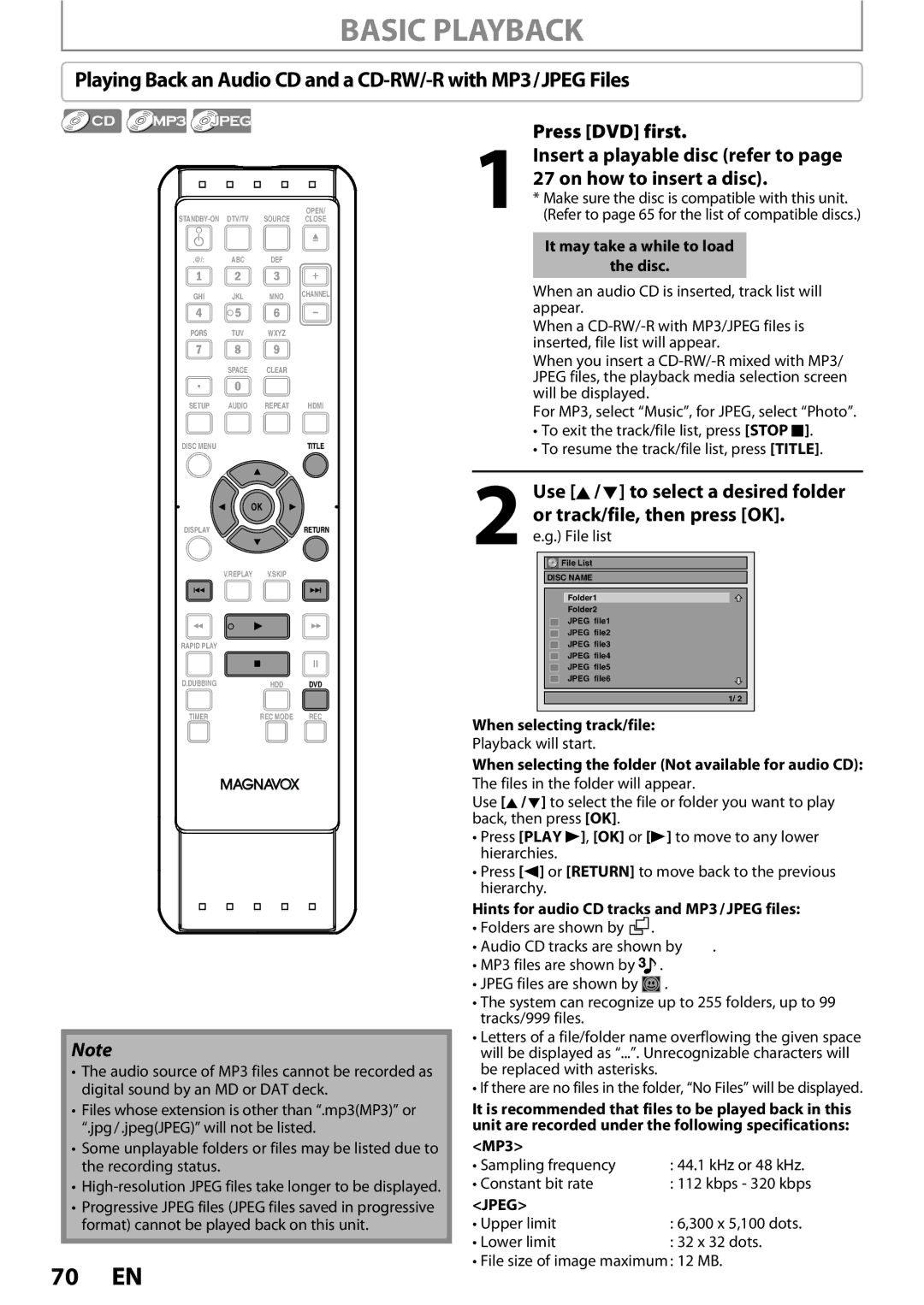 Magnavox MDR513H / F7 owner manual Playing Back an Audio CD and a CD-RW/-R with MP3/JPEG Files, When selecting track/file 