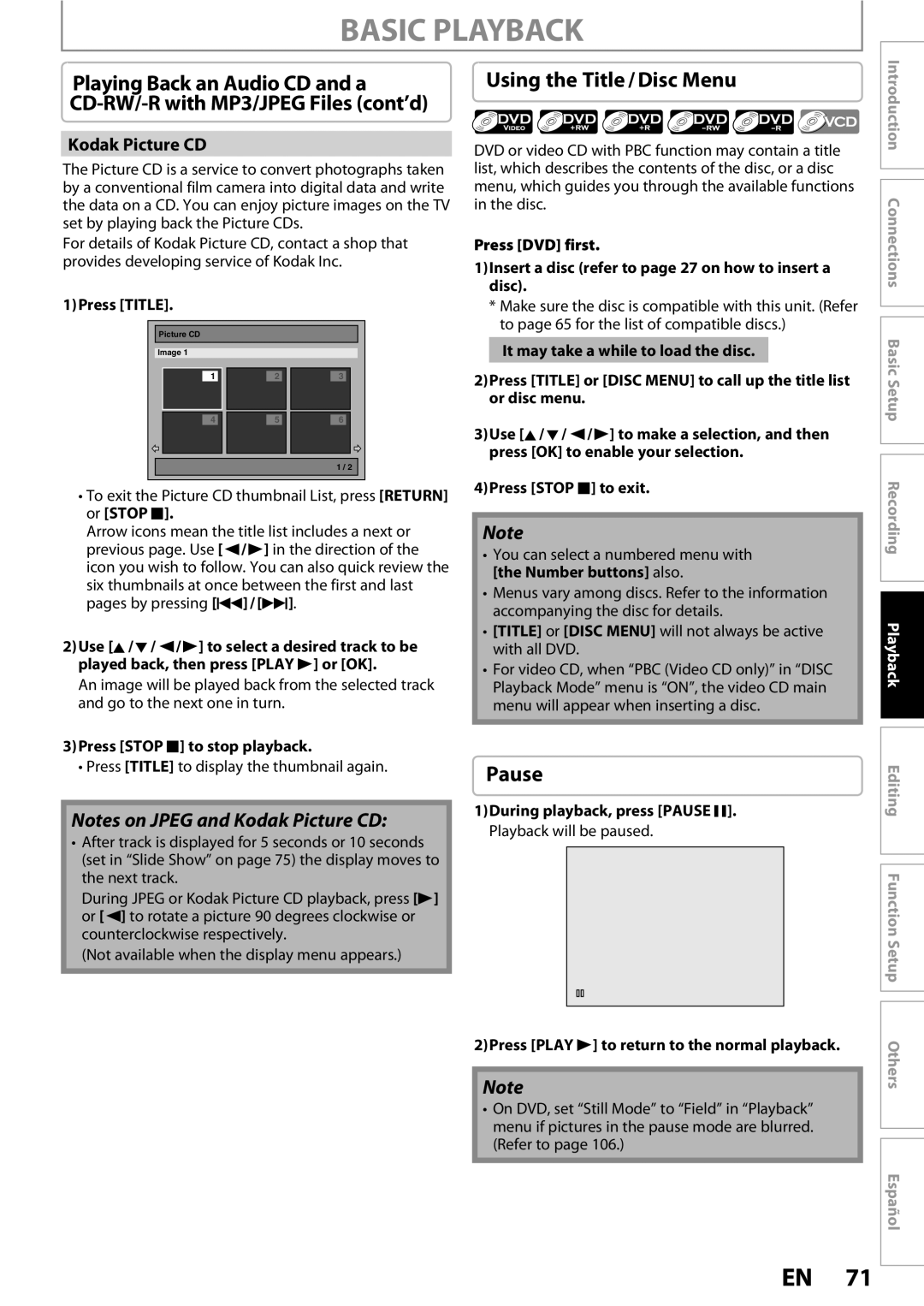 Magnavox MDR513H / F7 owner manual Using the Title / Disc Menu, Pause, 1Press Title, Press Stop C to stop playback 