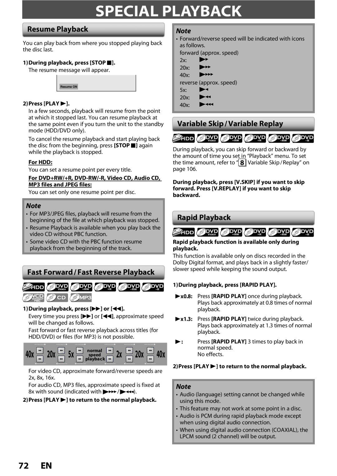 Magnavox MDR513H / F7 owner manual Special Playback, Resume Playback, Variable Skip / Variable Replay, Rapid Playback 