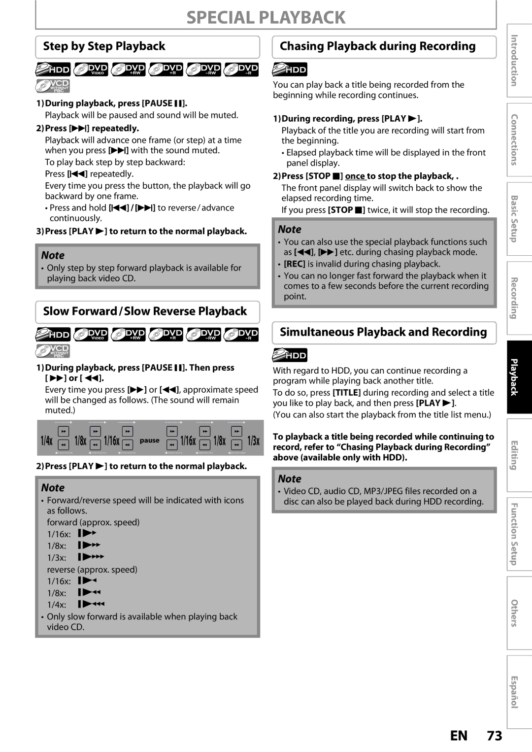 Magnavox MDR513H / F7 owner manual Special Playback, Step by Step Playback, Slow Forward / Slow Reverse Playback 