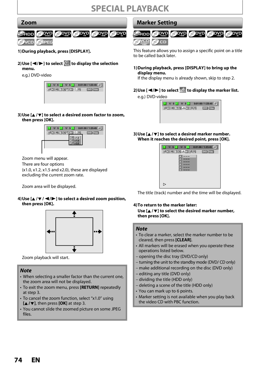 Magnavox MDR513H / F7 owner manual Zoom, Marker Setting, During playback, press Display to bring up the display menu 