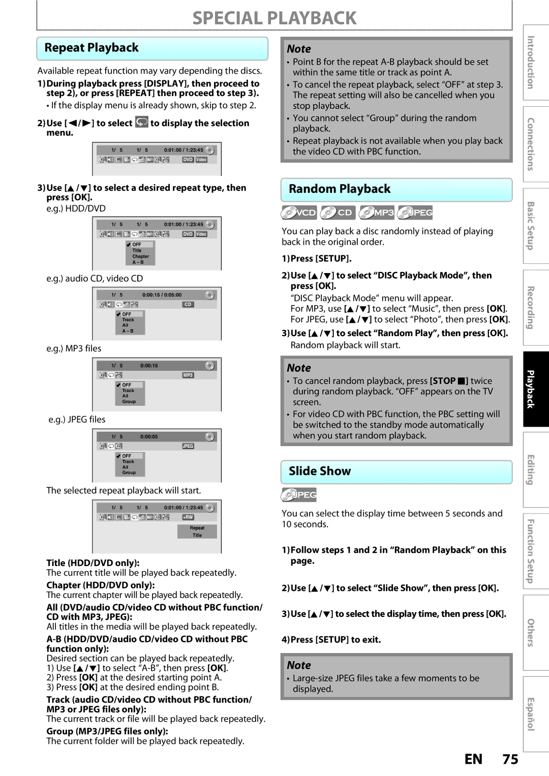 Magnavox MDR513H / F7 owner manual Repeat Playback, Random Playback, Slide Show 