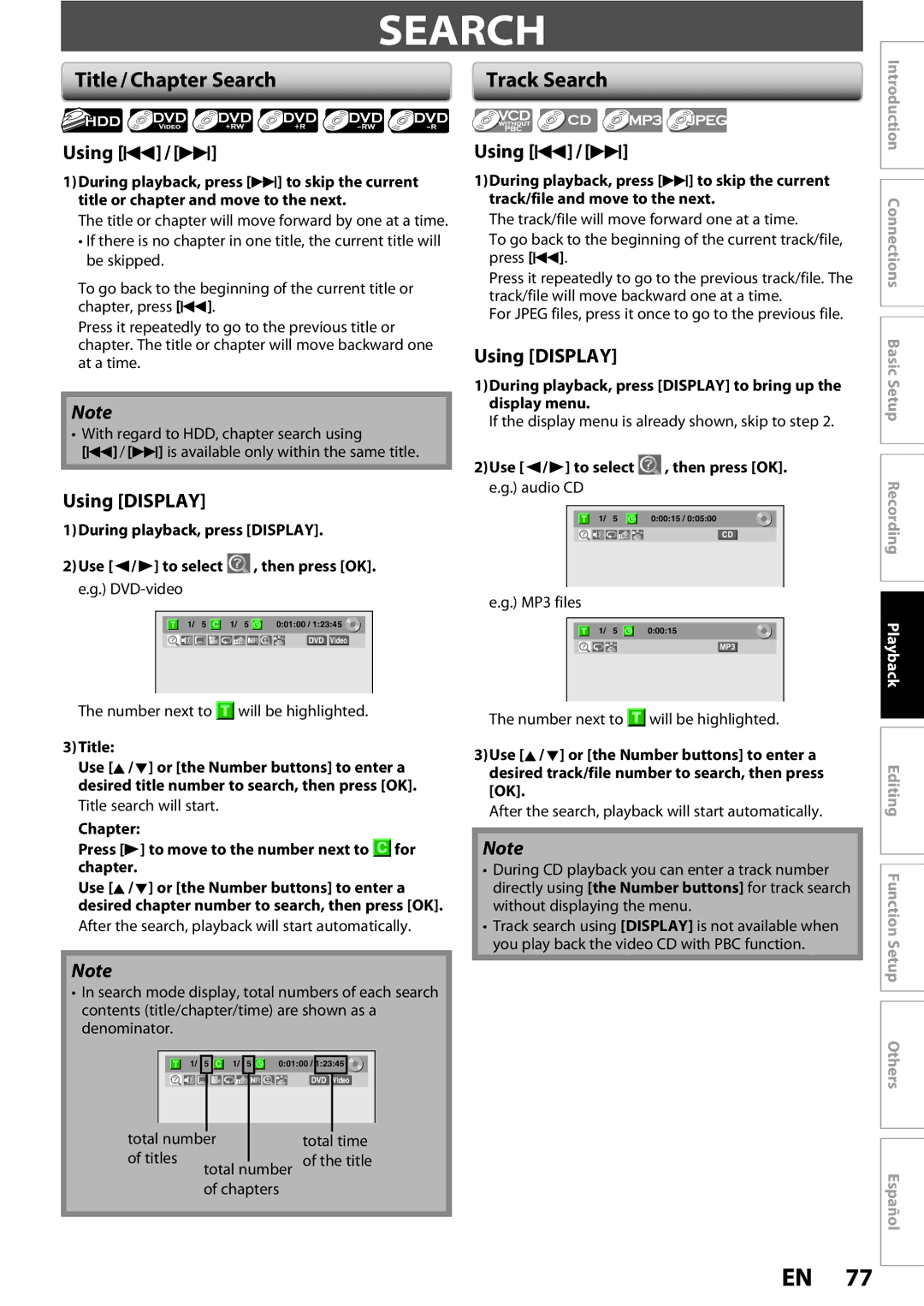 Magnavox MDR513H / F7 owner manual Title / Chapter Search, Using H / G, Using Display 