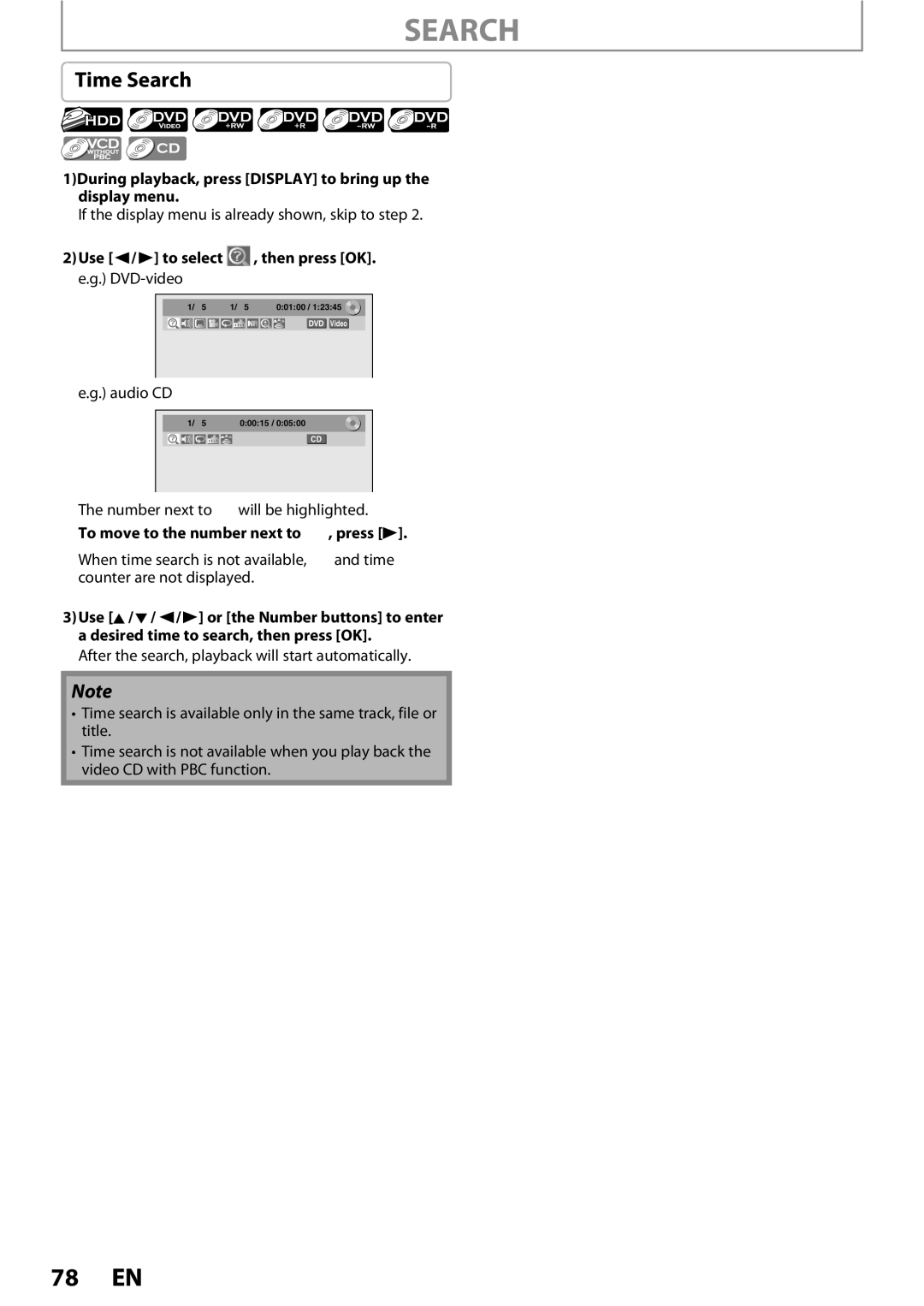 Magnavox MDR513H / F7 owner manual Time Search, Audio CD, To move to the number next to , press B 