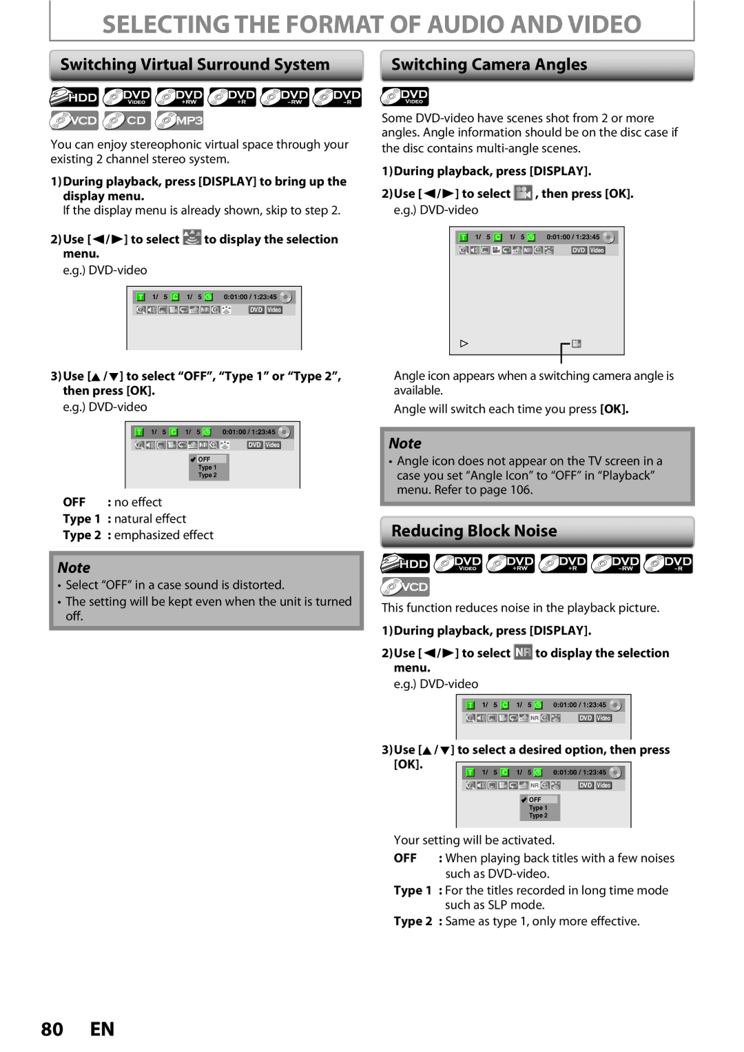 Magnavox MDR513H / F7 Selecting the Format of Audio and Video, Switching Virtual Surround System, Reducing Block Noise 