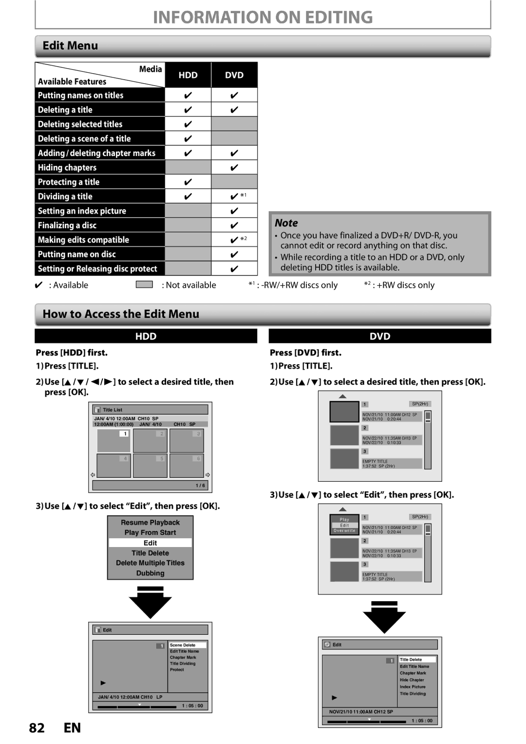 Magnavox MDR513H / F7 owner manual Information on Editing, How to Access the Edit Menu, Putting name on disc 