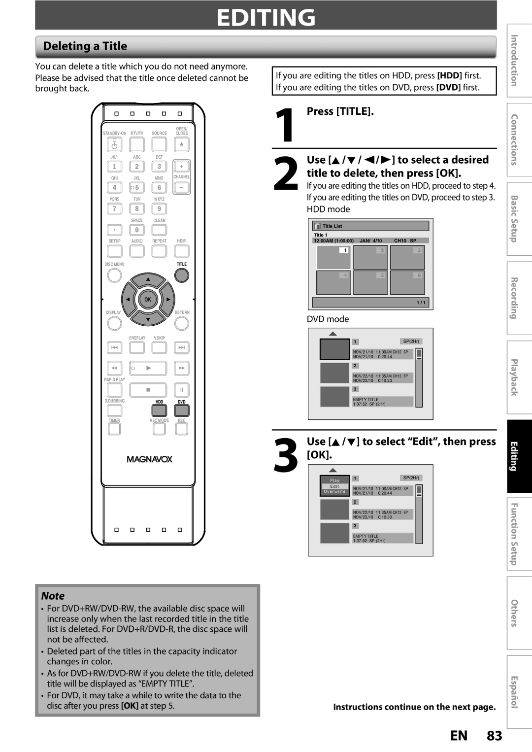 Magnavox MDR513H / F7 owner manual Editing, Deleting a Title, Press Title, Use K/ L to select Edit, then press 