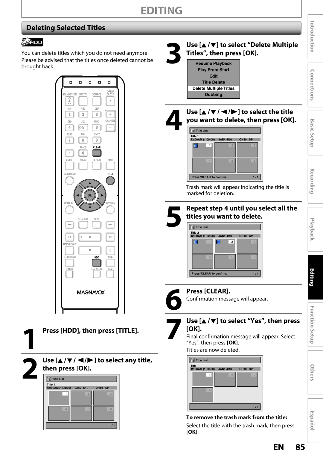 Magnavox MDR513H / F7 Deleting Selected Titles, Use K/ L to select Delete Multiple Titles, then press OK, Press Clear 