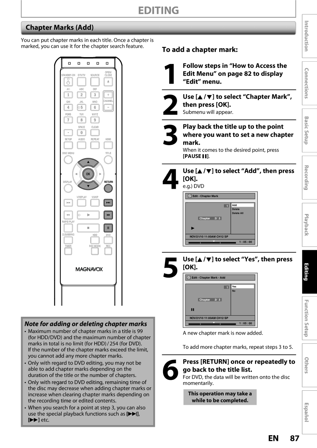 Magnavox MDR513H / F7 owner manual Chapter Marks Add, New chapter mark is now added 