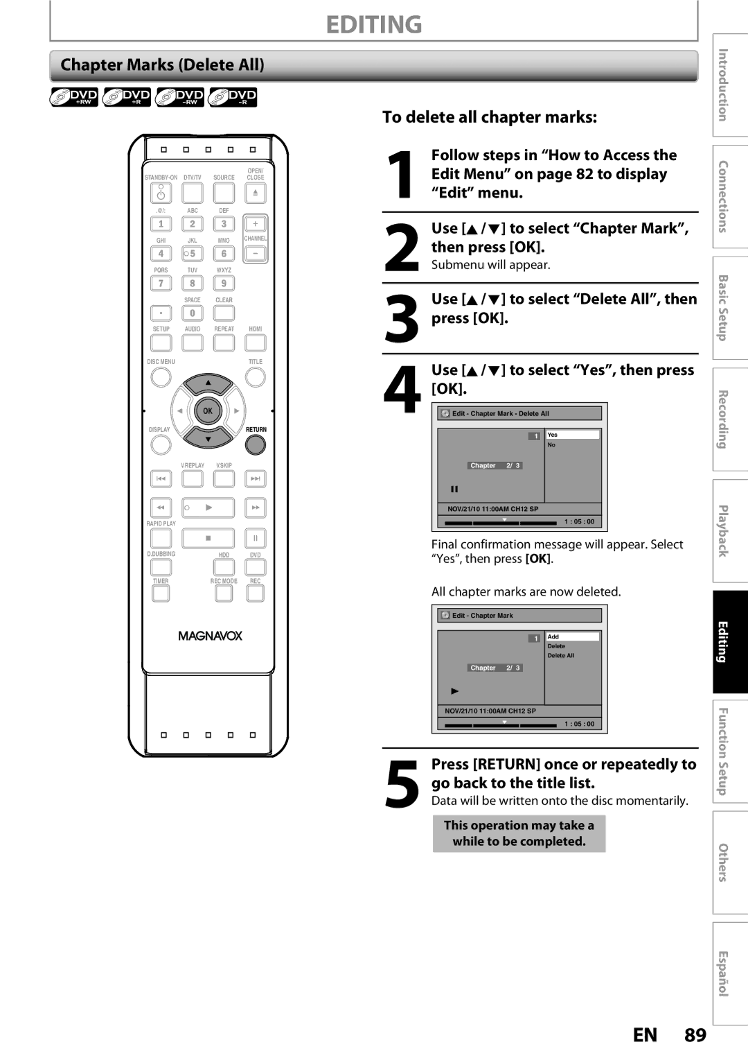 Magnavox MDR513H / F7 owner manual Chapter Marks Delete All, To delete all chapter marks 