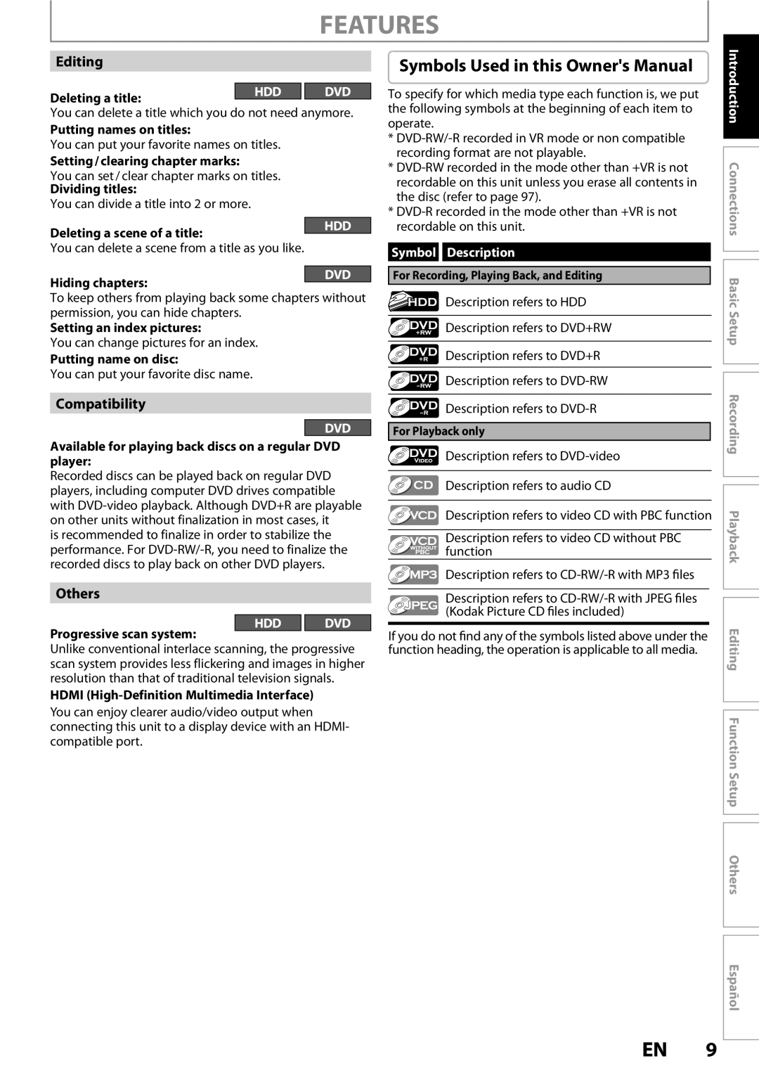 Magnavox MDR513H / F7 owner manual Features, Editing, Compatibility, Others 