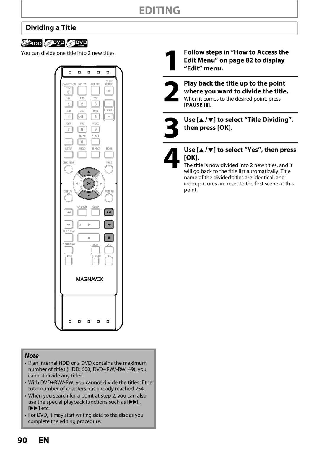 Magnavox MDR513H / F7 owner manual Dividing a Title, You can divide one title into 2 new titles 