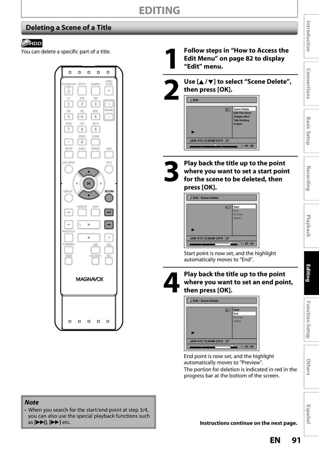 Magnavox MDR513H / F7 owner manual Deleting a Scene of a Title, You can delete a specific part of a title 