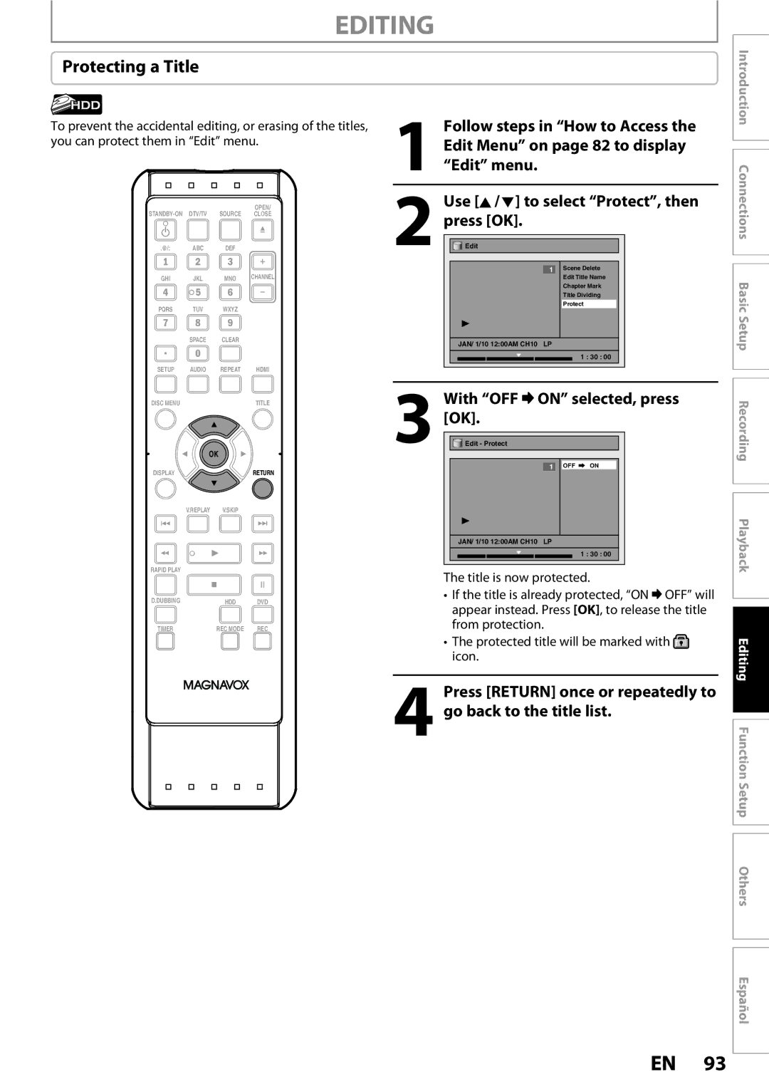 Magnavox MDR513H / F7 owner manual Protecting a Title, Edit menu, Use K/ L to select Protect, then press OK 