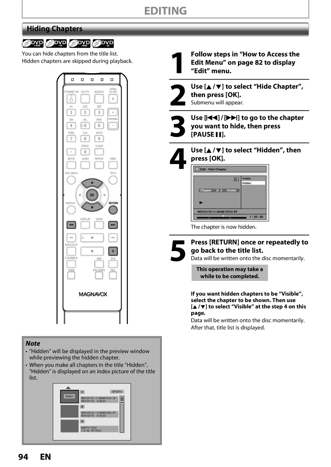 Magnavox MDR513H / F7 owner manual Hiding Chapters, Chapter is now hidden 