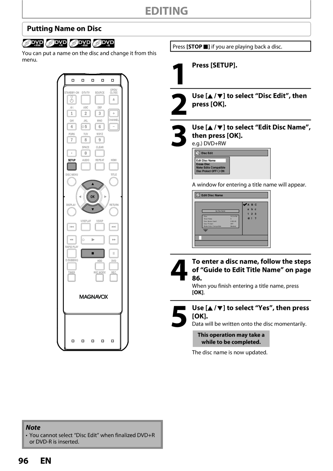 Magnavox MDR513H / F7 owner manual Putting Name on Disc, You can put a name on the disc and change it from this menu 