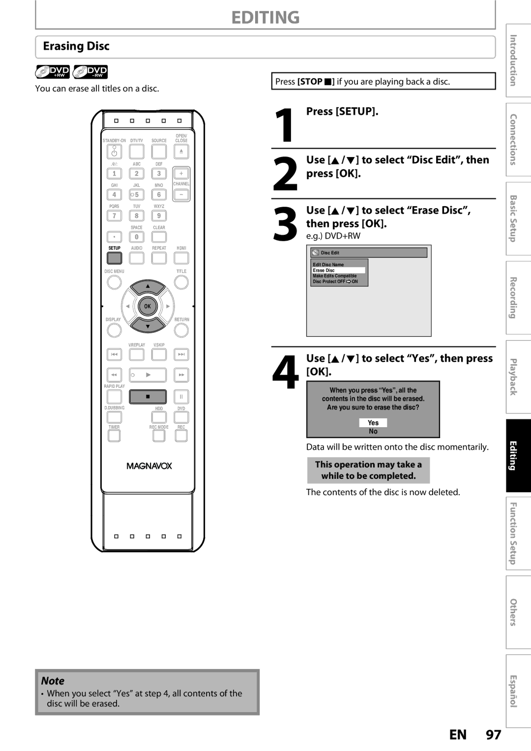 Magnavox MDR513H / F7 owner manual Erasing Disc, You can erase all titles on a disc, Contents of the disc is now deleted 