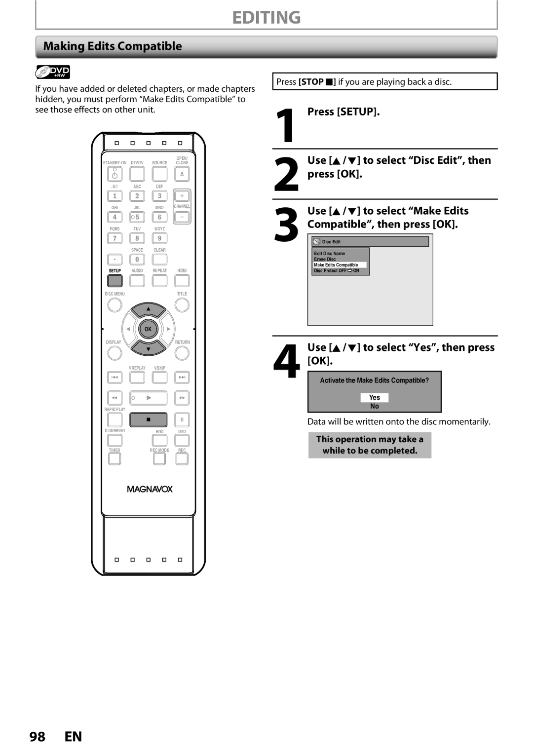 Magnavox MDR513H / F7 owner manual Making Edits Compatible 