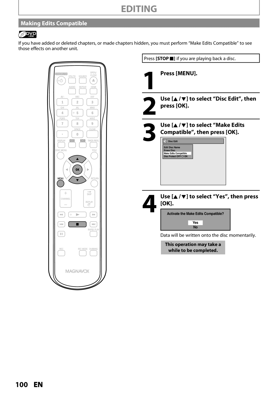 Magnavox MDR535H, MDR533H, MDR537H owner manual Making Edits Compatible, Use K / L to select Make Edits, Ble, then press OK 