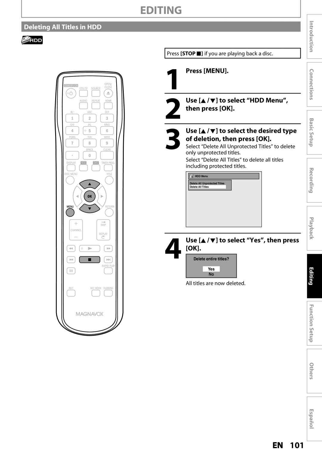 Magnavox MDR537H, MDR533H, MDR535H Deleting All Titles in HDD, Press Menu Use K / L to select HDD Menu, then press OK 