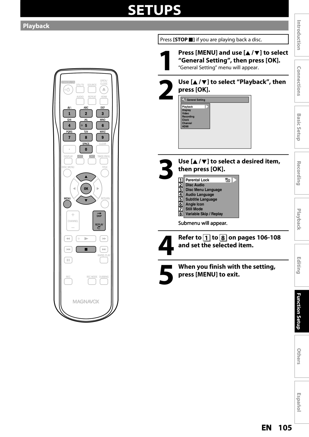 Magnavox MDR533H, MDR535H, MDR537H owner manual Setups, Use K / L to select Playback, then press OK 