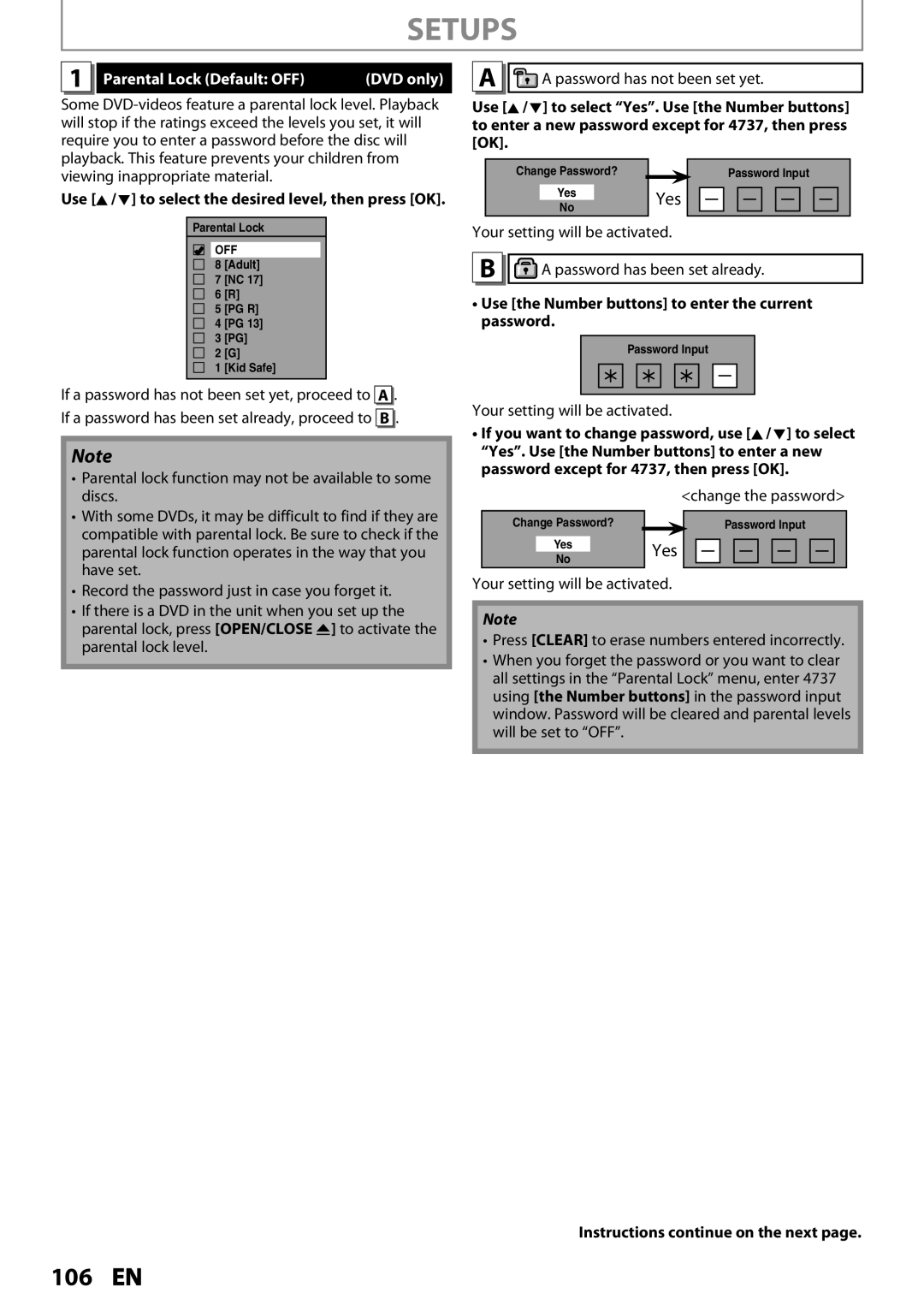 Magnavox MDR535H Setups, Yes, Parental Lock Default OFF DVD only, Use K / L to select the desired level, then press OK 