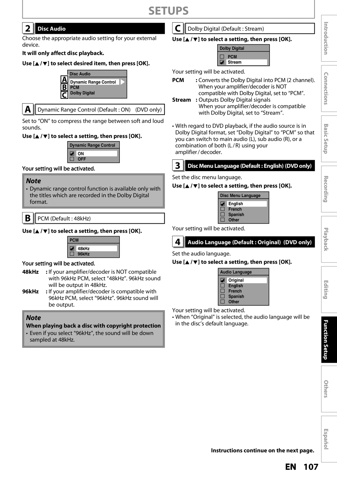 Magnavox MDR537H, MDR533H, MDR535H owner manual Disc Audio, Audio Language Default Original DVD only 