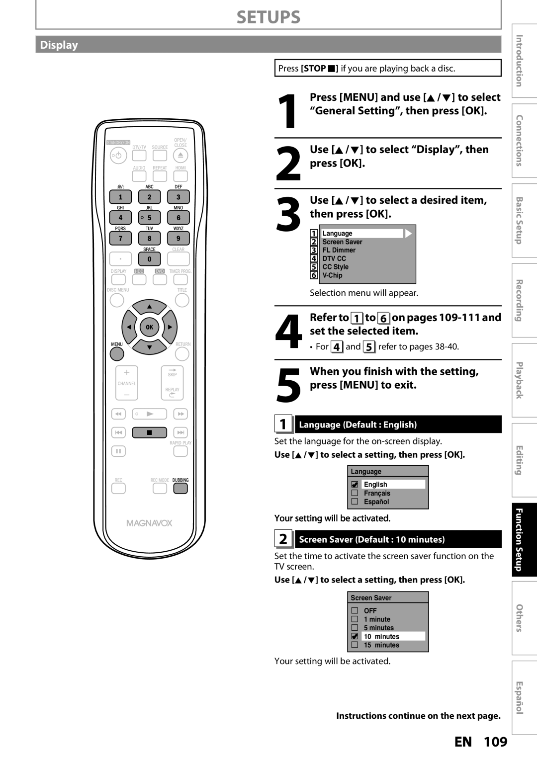 Magnavox MDR535H, MDR533H Display, Refer to 1 to 6 on pages 109-111 and set the selected item, Language Default English 