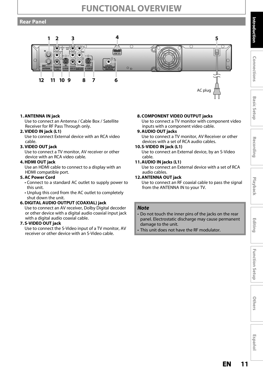 Magnavox MDR537H, MDR533H, MDR535H owner manual Functional Overview, Rear Panel, Introduction Connections 