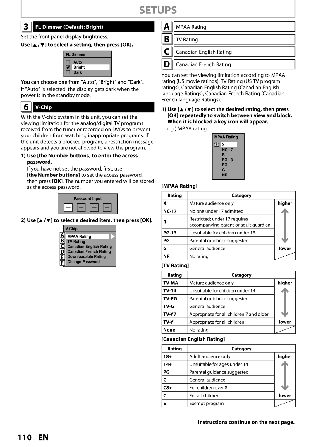 Magnavox MDR537H, MDR533H FL Dimmer Default Bright, Chip, Use the Number buttons to enter the access password, Mpaa Rating 