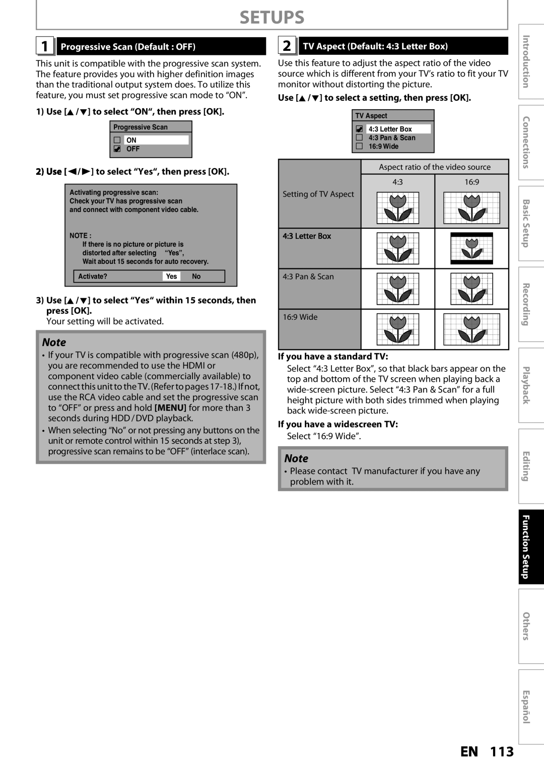 Magnavox MDR537H, MDR533H, MDR535H owner manual Progressive Scan Default OFF, TV Aspect Default 43 Letter Box 