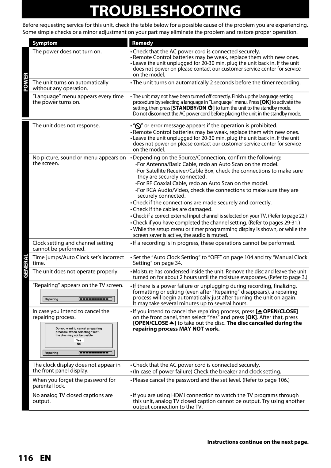 Magnavox MDR537H, MDR533H, MDR535H owner manual Troubleshooting, Symptom Remedy, Repairing process MAY not work 