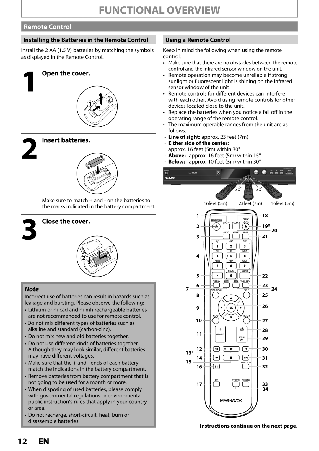 Magnavox MDR533H, MDR535H, MDR537H owner manual Open the cover Insert batteries, Close the cover, Using a Remote Control 