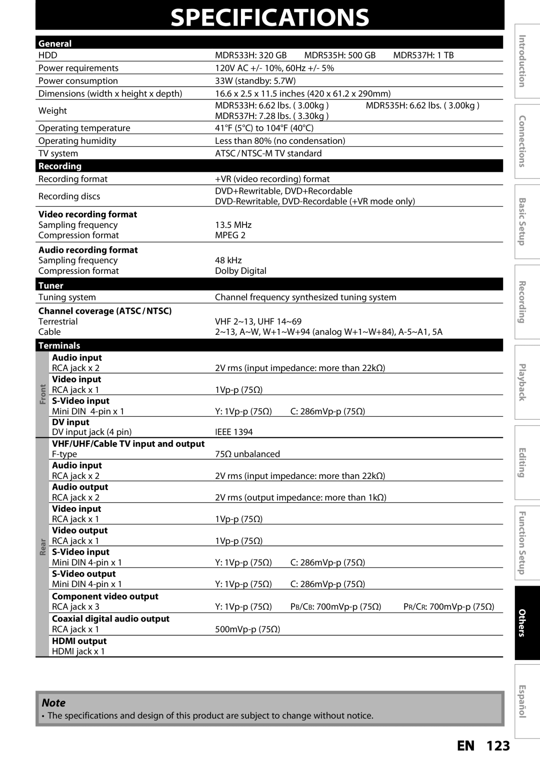 Magnavox MDR533H, MDR535H, MDR537H owner manual Specifications, General, Recording, Tuner, Terminals 