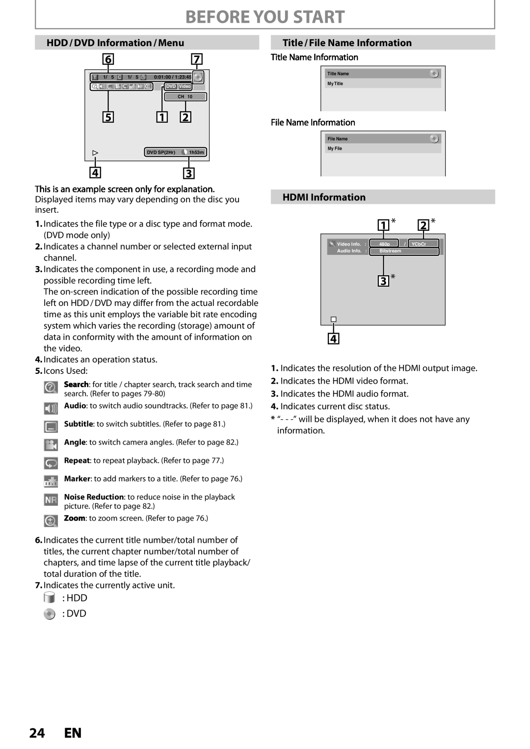 Magnavox MDR533H, MDR535H, MDR537H owner manual HDD / DVD Information / Menu, Title / File Name Information, Hdmi Information 