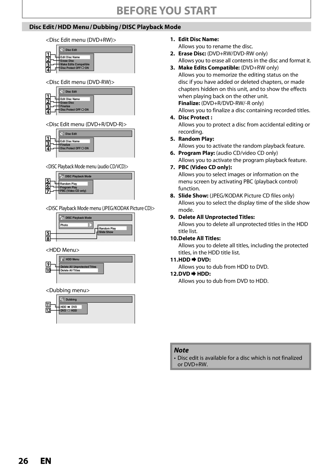 Magnavox MDR537H, MDR533H, MDR535H owner manual Disc Edit / HDD Menu / Dubbing / Disc Playback Mode 