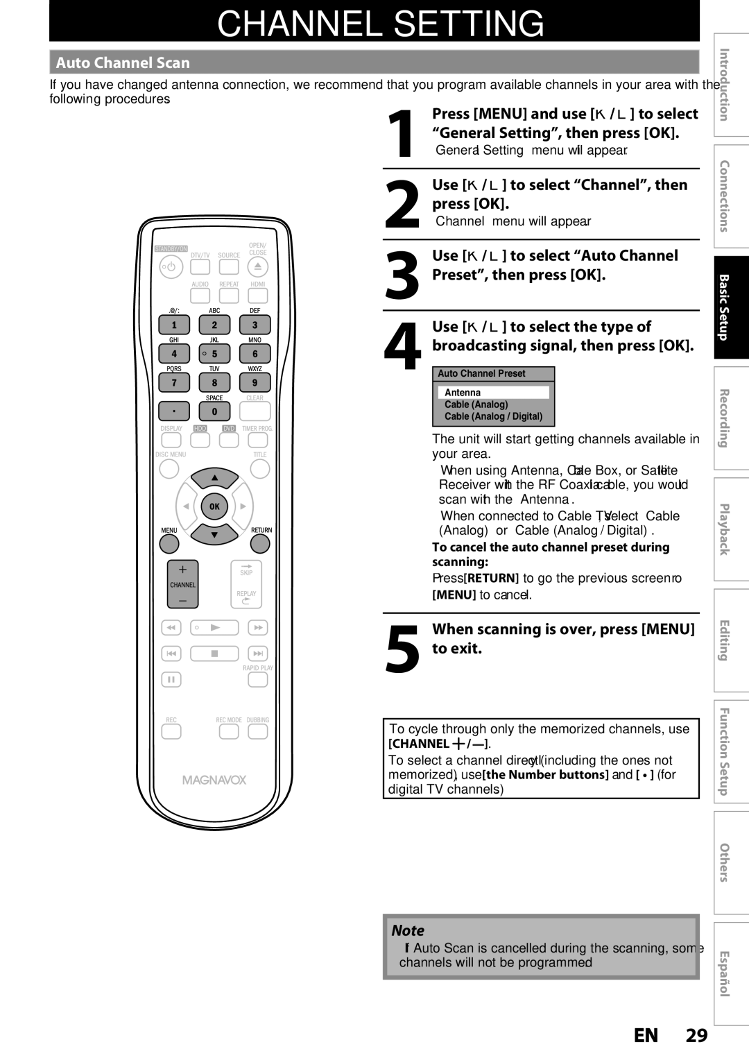 Magnavox MDR537H, MDR533H, MDR535H owner manual Channel Setting, Auto Channel Scan 