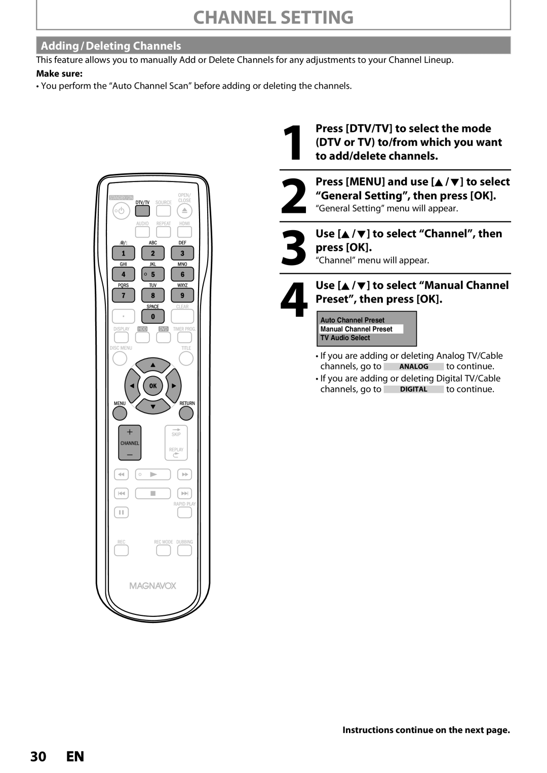 Magnavox MDR533H Channel Setting, Adding / Deleting Channels, Use K / L to select Channel, then press OK, Make sure 