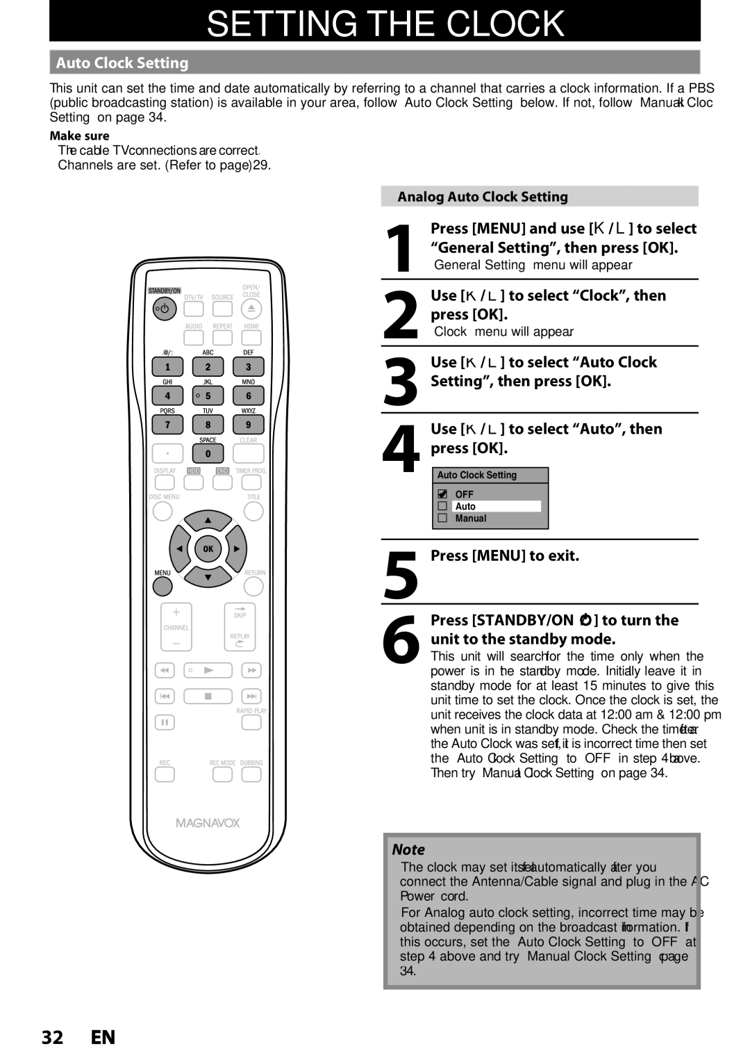 Magnavox MDR537H, MDR533H, MDR535H owner manual Setting the Clock, Auto Clock Setting 