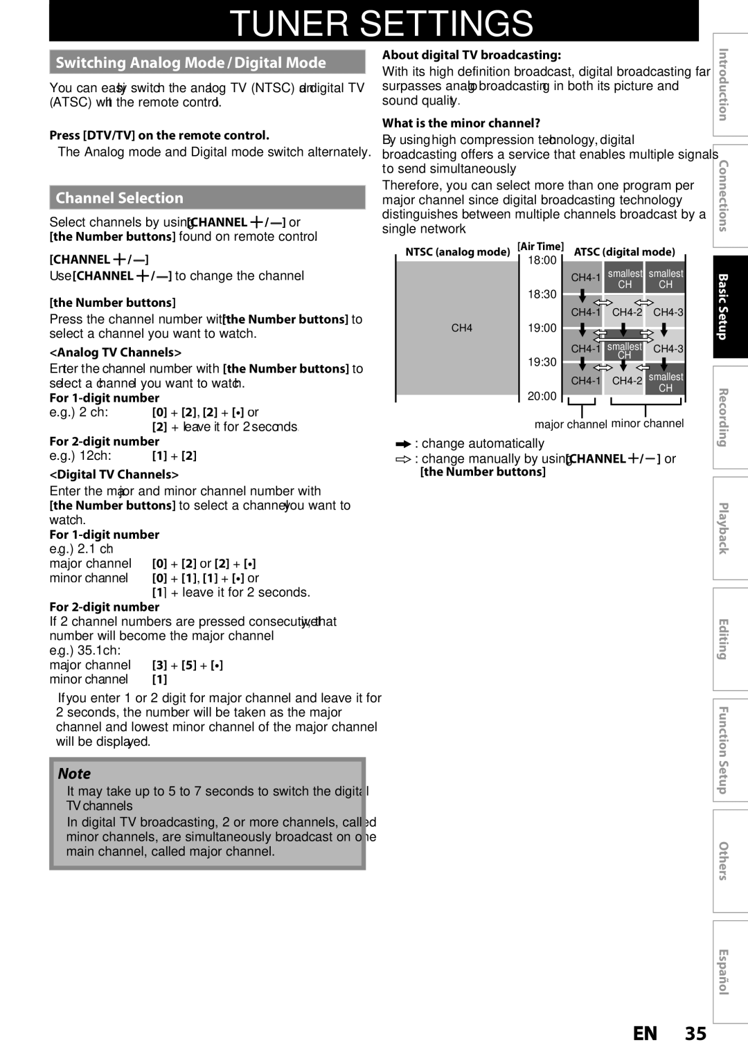 Magnavox MDR537H, MDR533H, MDR535H owner manual Tuner Settings, Switching Analog Mode / Digital Mode, Channel Selection 