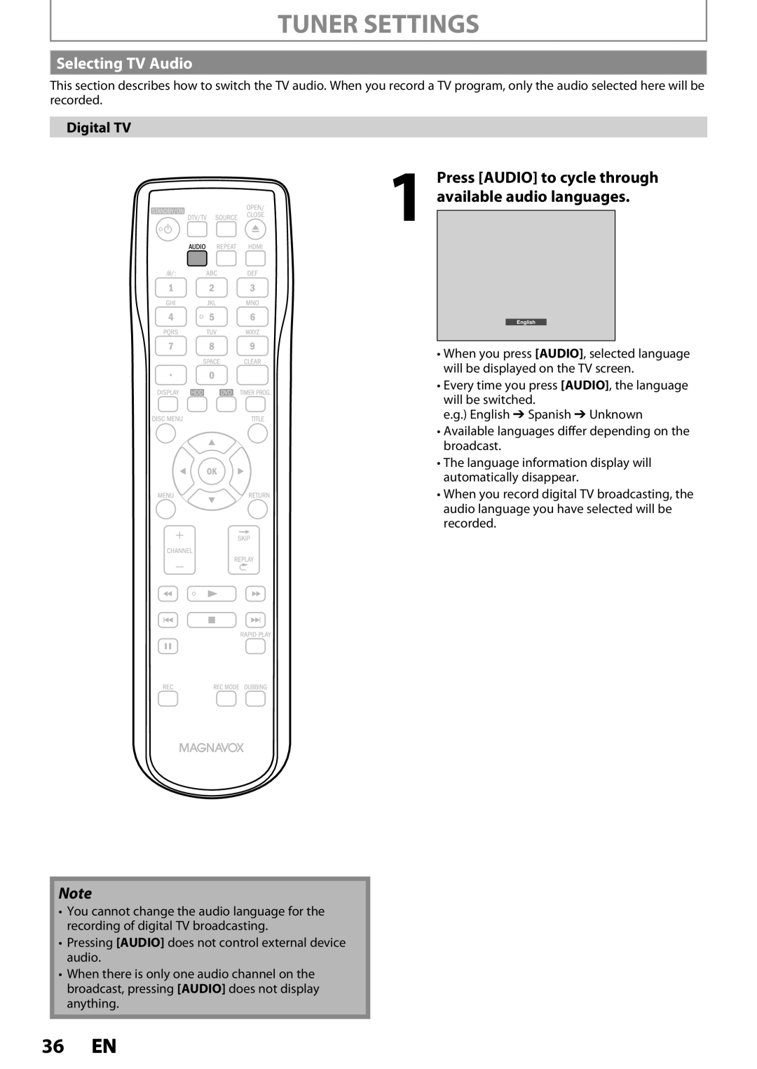 Magnavox MDR533H, MDR535H, MDR537H owner manual Tuner Settings, Selecting TV Audio 