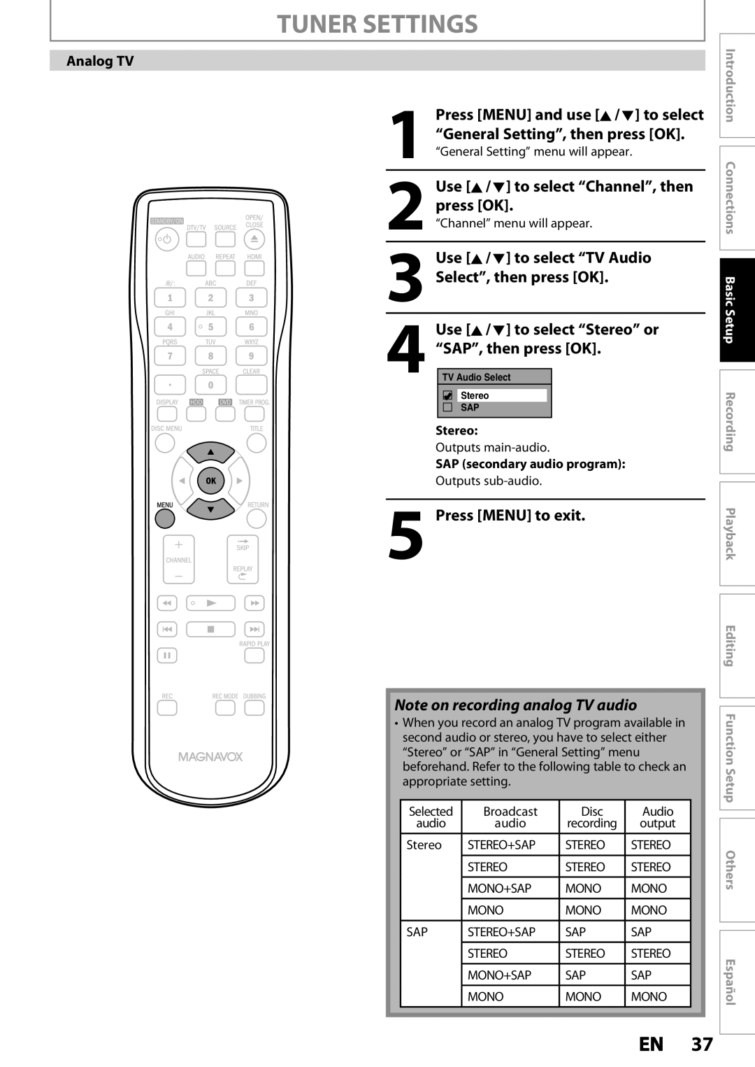 Magnavox MDR535H Use K / L to select TV Audio, Select, then press OK, Use K / L to select Stereo or, SAP, then press OK 