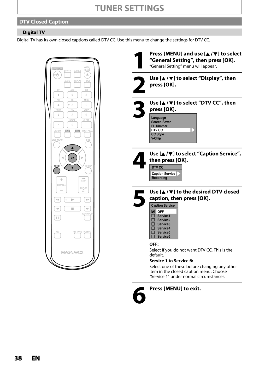 Magnavox MDR537H, MDR533H DTV Closed Caption, Use K / L to the desired DTV closed caption, then press OK, Digital TV 