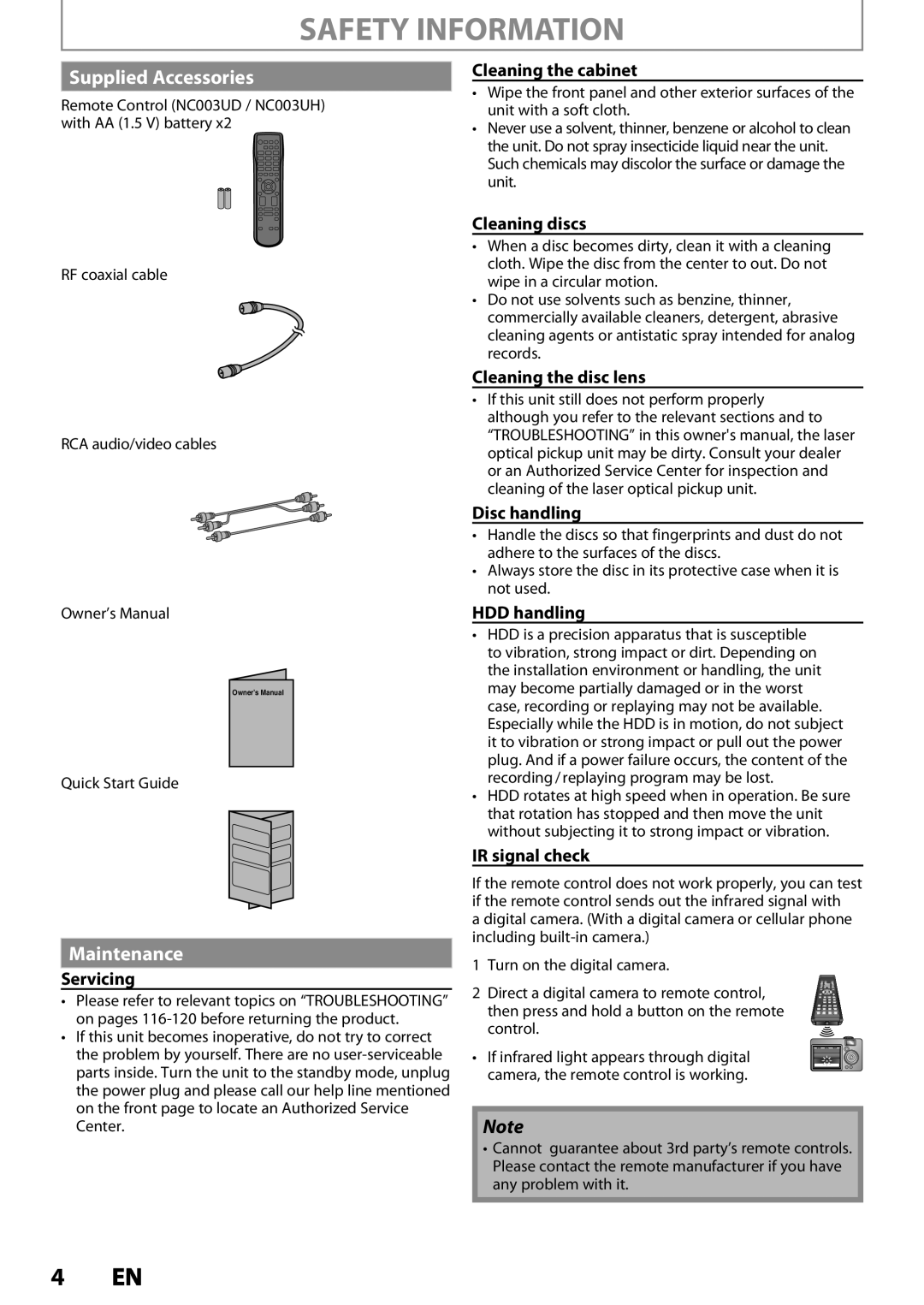 Magnavox MDR535H, MDR533H, MDR537H owner manual Supplied Accessories, Maintenance 