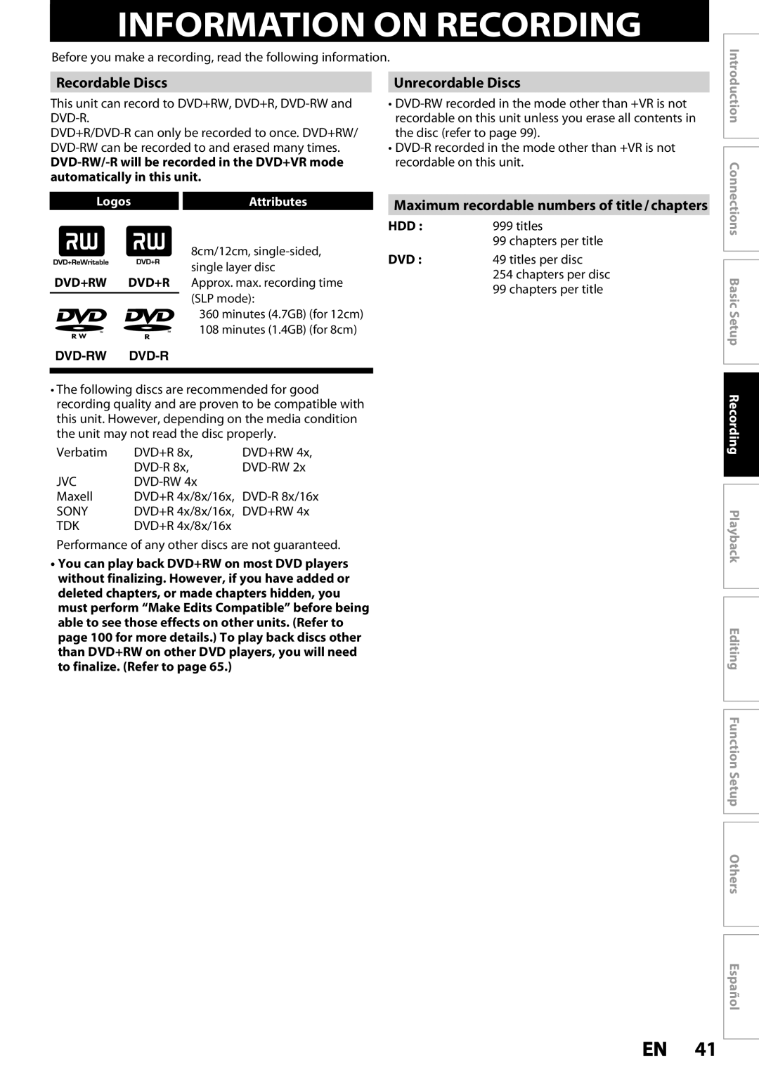 Magnavox MDR537H, MDR533H, MDR535H Information on Recording, Recordable Discs, Unrecordable Discs, LogosAttributes 